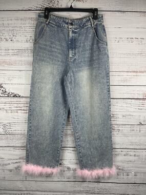 Pretty Garbage Jeans Women's SZ L Blue Pink Feather Trim Cropped Fairy Y2K Style